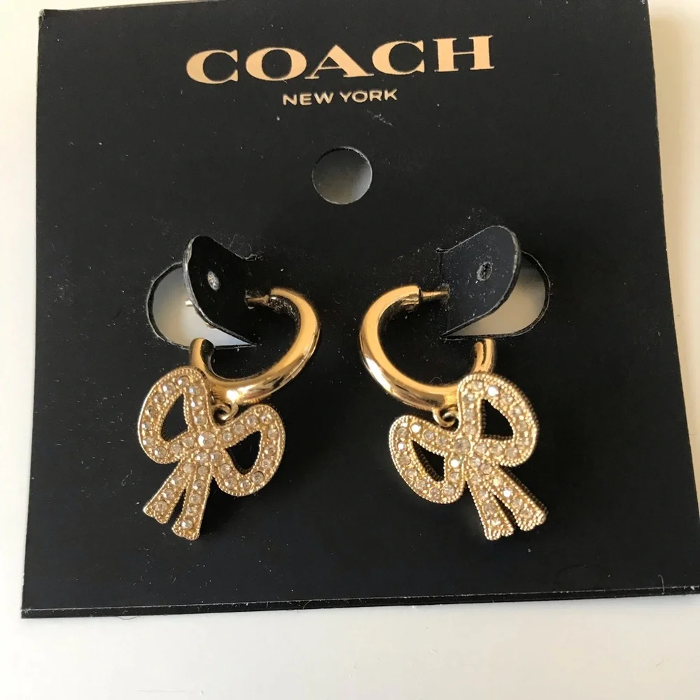 Coach Gold-tone Crystal Bow Hoop Earrings - Picture 4 of 11